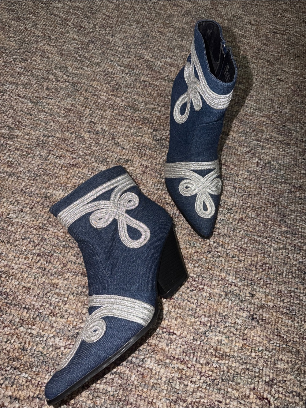 Cape Robbin Navy Pointed Toe Ankle Booties with Cream Embroidery